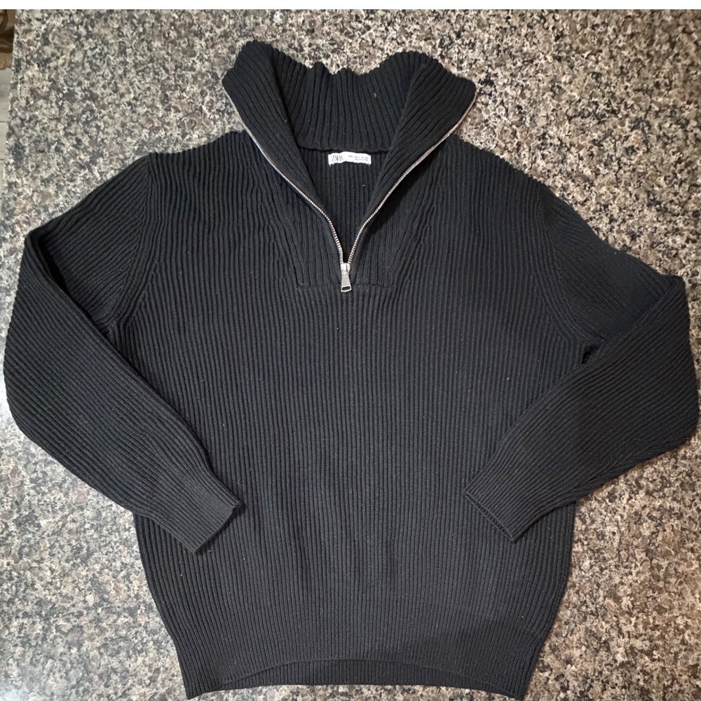Zara Mens Black Ribbed Quarter Zip Sweater Wool Blend Size Large L